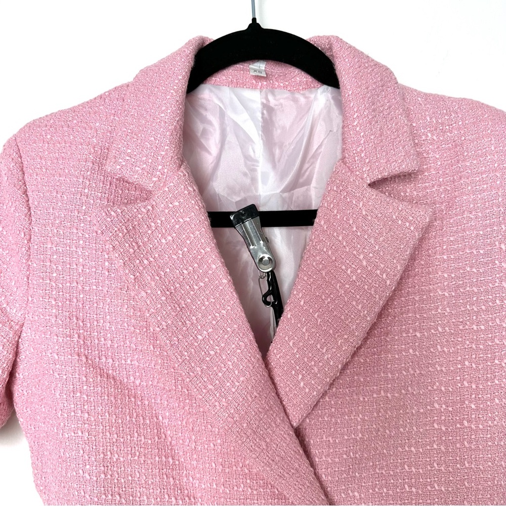 Baby Pink Cropped Tweed Short Sleeve Double Breasted High Rise Shorts Co-Ord Set - Picture 3 of 12